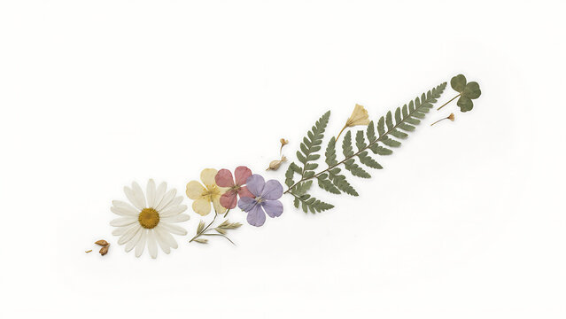 Pressed dried wildflowers and a green fern leaf arrangement isolated on a transparent background