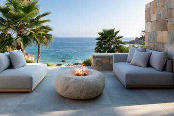 Fototapeta premium Coastal terrace with stone firepit between cushioned sofas for ocean view background and luxury outdoor lounge design