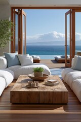 Fototapeta premium Ocean view modern coastal living room interior with sliding doors and wood coffee table for luxury background and relaxation
