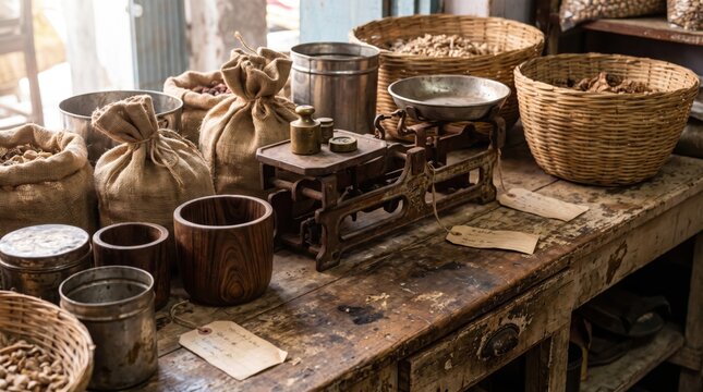 Vintage grocer's counter with burlap sacks, wooden containers, metal scale and woven baskets filled with dry goods.