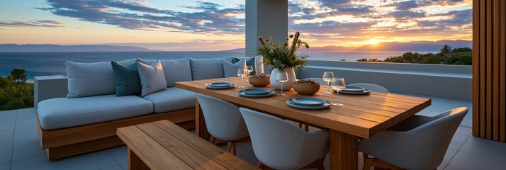 Fototapeta premium Coastal sunset outdoor dining terrace background with sectional sofa and wooden table for banner and wallpaper design for seaside entertaining