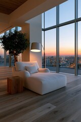 Fototapeta premium Modern white chaise lounge with panoramic city sunset skyline through floor-to-ceiling windows for luxury living room background and relaxation wallpaper