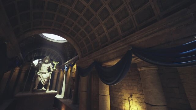 Moody rotunda interior with vaulted ceiling, heavy drapery, shadowed niches, soft spotlighting, silent grandeur, textured stone surfaces, cinematic scale.