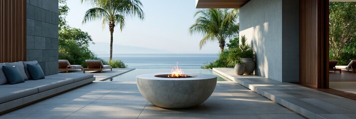 Fototapeta premium Luxury modern panoramic terrace with round stone fire bowl and ocean horizon background for coastal resort banner and wallpaper design