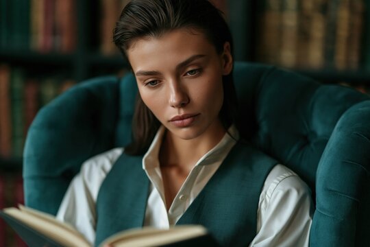 Young reader in teal armchair reading a book in a classic library portrait for editorial background and study banner