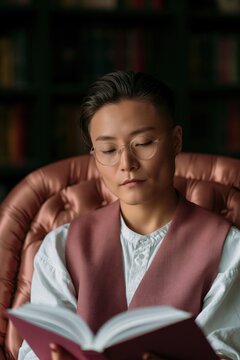 Reader portrait in a pink tufted armchair with vest and open book for elegant background and relaxing reading wallpaper design