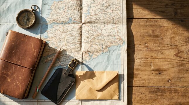 Old leather journal, compass, and envelope lie on folded map for travel planning.