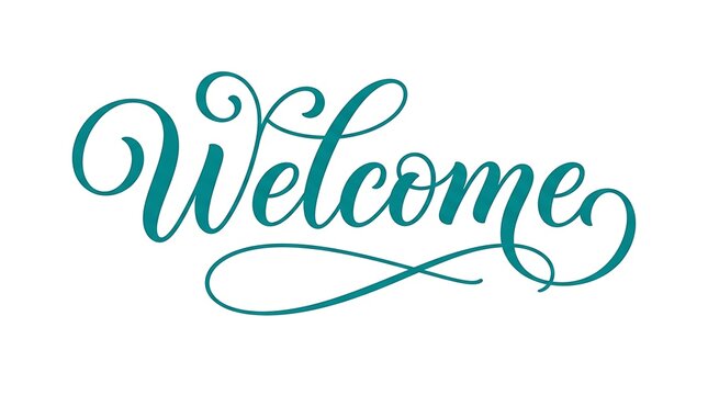 Elegant teal welcome script calligraphy lettering with flourishes on a white background for invitations and greeting cards
