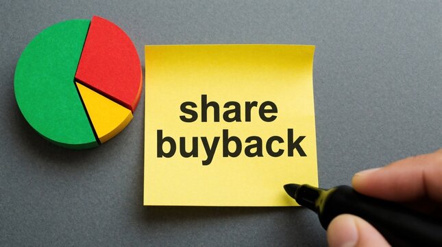 Yellow note with share buyback text sits by colorful pie chart. Hand holds marker ready to write data. Financial planning concept on grey backdrop.