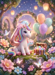 Fototapeta premium 4th Birthday Magical Unicorn Party with Donut Number Four