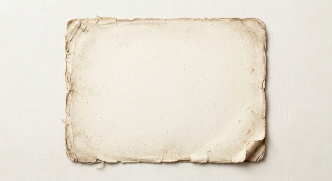 Aged parchment paper with frayed edges rests on a white background presenting a textured surface agedpaper vintagepaper oldpaper crumpled worn distressed fragile delicate blankpage offwhite