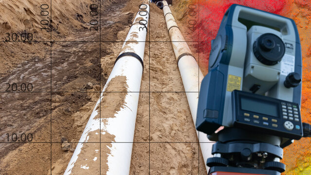 White PVC pipe lies in the earth, marked by black bands. Surveying instrument measures its position and depth. Grid lines with depth numbers show precise measurements. Ideal for construction