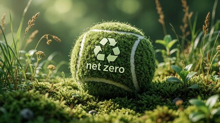Fototapeta premium Green tennis ball with net zero symbol and recycling logo rests on mossy ground. Rich grass and plants surround ball, suggesting eco friendly sports.