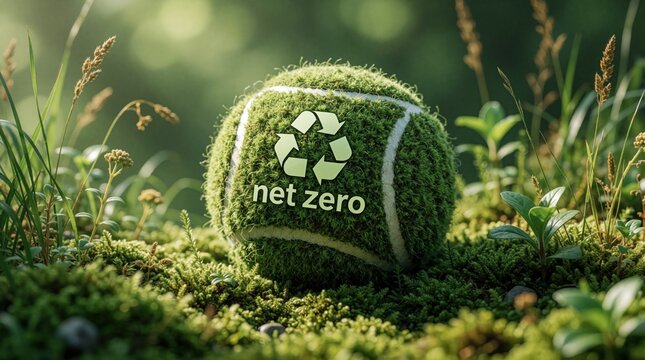 Green tennis ball with net zero symbol and recycling logo rests on mossy ground. Rich grass and plants surround ball, suggesting eco friendly sports.