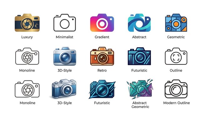 Set of diverse camera icons and logos in various artistic styles including luxury, minimalist, 3D, retro, geometric, and abstract designs.