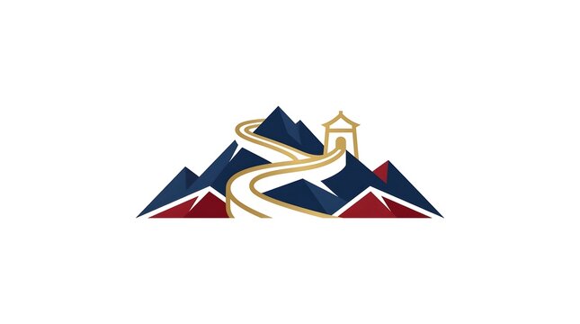 Vector logo design of the Great Wall of China icon on a mountain landscape