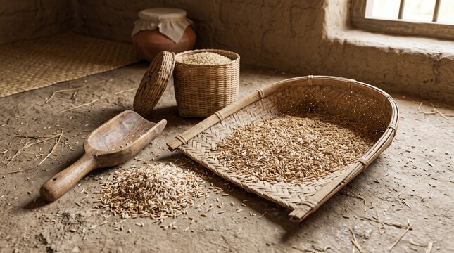 Woven basket and scoop with raw grains and husks on textured floor, agricultural harvest and processing tools.