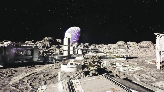 Lunar research lagoon reflecting purple Earth, observatory tower beside calm water, sampling equipment on shoreline, scientific containers and sensor arrays,