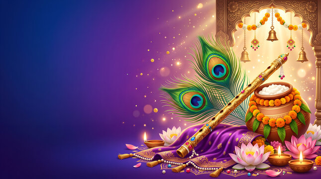 Krishna Janmashtami Festival Banner With Divine Golden Flute