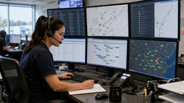 Logistics Operator Working with Multiple Computer Screens in Dispatch Center. Concept of dispatcher, fleet management, logistics management, gps tracking.