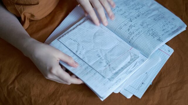 hands flipping a math notebook with handwritten equations, slow shutter, warm filmic tones. School and learning mood. Great background for titles, text, and education-themed content.