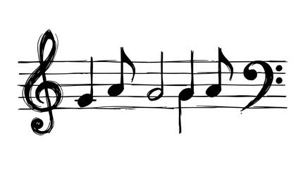 Naklejka premium Musical notes and symbols collection set with flowing black and white vector illustration featuring treble clef, quarter notes, eighth notes, and rests with dynamic curves and swirls