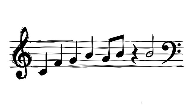Musical notes and symbols collection with flowing lines featuring treble clefs, quarter notes, sharps, flats, and rests with dynamic curves and abstract design