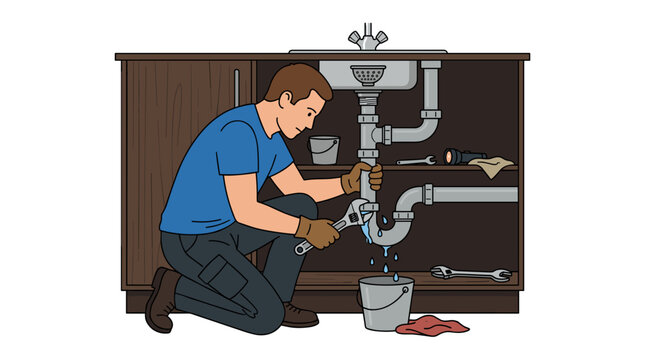 Plumber fixing a leaky sink pipe with wrench under kitchen counter