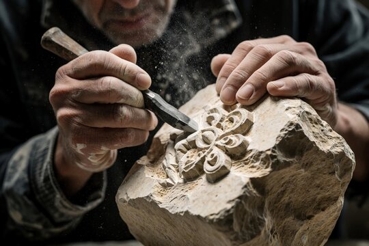 Sculptor hands carve stone with chisel creating detailed ornament. Fine dust flies from rock as artisan shapes artwork. Skillful hands work on sculpture in studio.