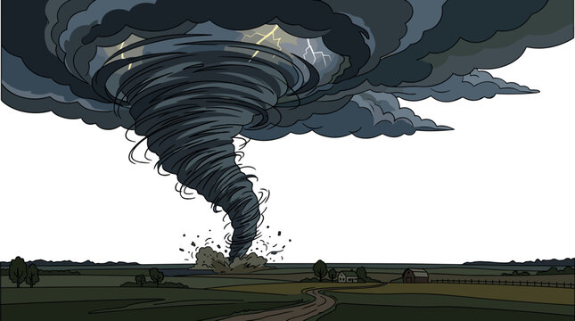 Massive tornado wreaking havoc on a rural landscape with lightning and dark storm clouds