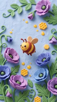 Cute 3D bee flying over floral background with purple poppy flowers