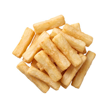 A pile of crispy fried cassava sticks or yuca fries isolated on transparent background