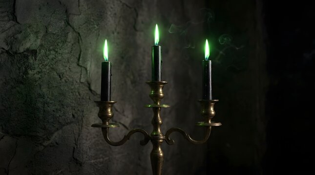 Creepy halloween candelabra with three black candles burning eerie green flames in a dark mystical dungeon