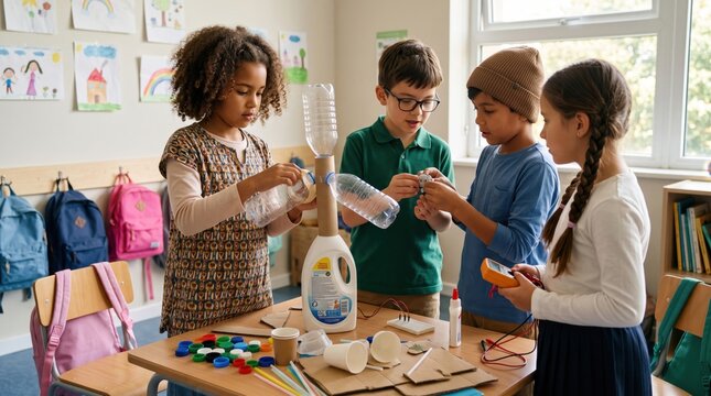 Diverse elementary students building science project from recycled materials in classroom. Concept of stem education, kids science, recycled crafts, classroom learning.