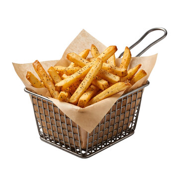 Crispy golden french fries served in a metal wire basket isolated on transparent background