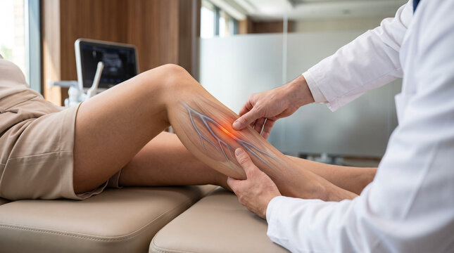 Doctor Examining Lower Leg for Venous Circulation With Vascular Anatomy Overlay
