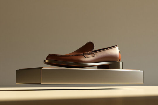 Single brown leather loafer shoe resting on a rectangular metallic platform in studio lighting