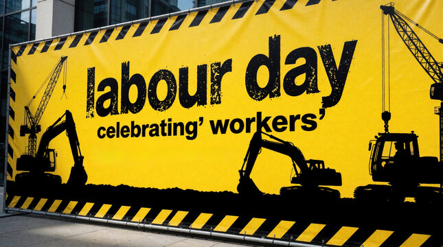 Yellow Labour Day banner with bold Labour Day celebrating workers text, silhouettes of construction equipment like cranes, excavators. Alternating yellow, black hazard stripes frame edges, signifying