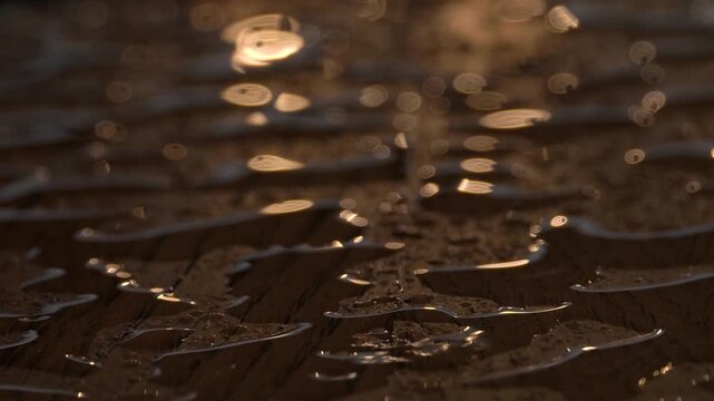 Sunset sunlight shines on transparent raindrops on a wooden surface, blurry background