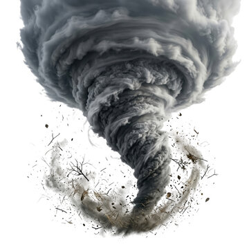 Dark swirling tornado with flying debris circling isolated on a transparent background