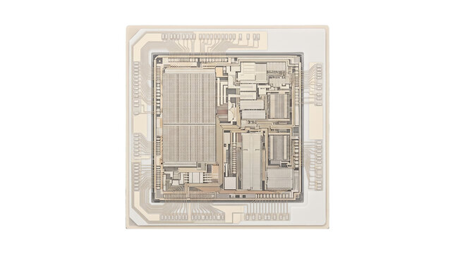 Macro view of a computer microchip processor die showing intricate circuitry and gold paths, isolated on black background. Ideal for technology and engineering themes.
