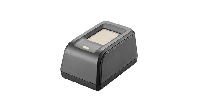 A professional biometric fingerprint scanner for security systems. Isolated on a black background, perfect for identity verification and access control technology concepts.