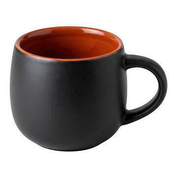 Black ceramic coffee mug with orange interior isolated on a transparent background