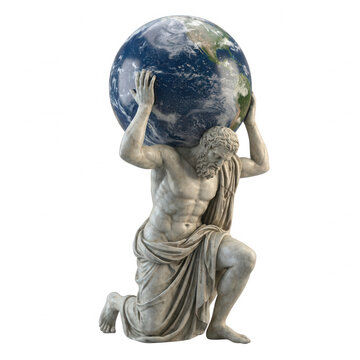 Atlas statue supporting globe on shoulders isolated on a transparent background marble