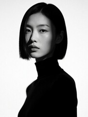 Fototapeta premium Young asian woman stylish bob haircut black turtleneck minimal beauty portrait. Sharp light shadows create dramatic moody aesthetic. High fashion editorial style.