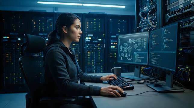 Female it professional working on multiple computers in server room data center