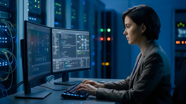 Female it systems administrator working on multiple computers in data center with computer