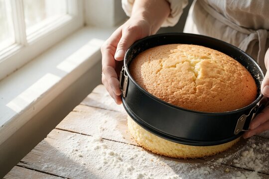 Person removes round sponge cake from springform pan. Freshly baked dessert rests on wooden table dusted with flour, ready for decoration. Home baking process.