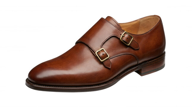 Brown leather double monk strap shoes isolated on a transparent background footwear