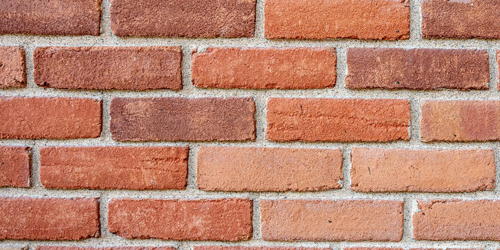 Red brick wall background texture. Close-up of rustic clay brickwork with white mortar lines. Clean architectural pattern backdrop for copy space.